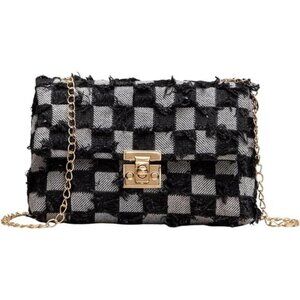 Women's Distressed Denim Crossbody Bag Twist Lock Black